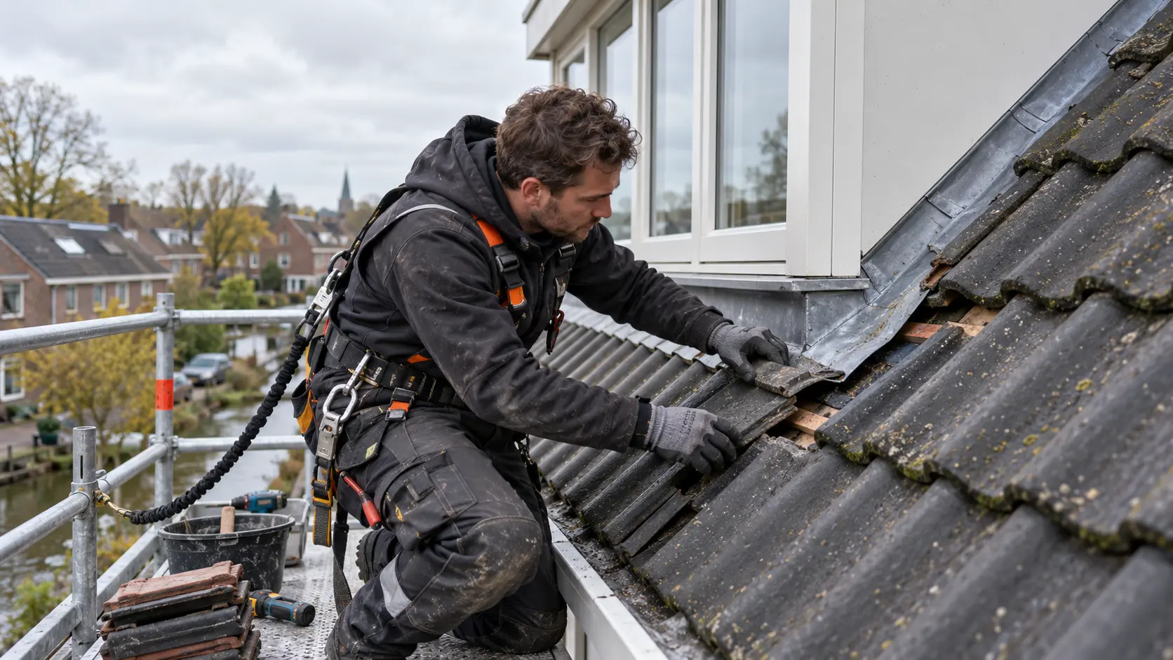 Dakdekker onderzoekt een aansluiting bij een dakkapel vanaf een beveiligde steiger