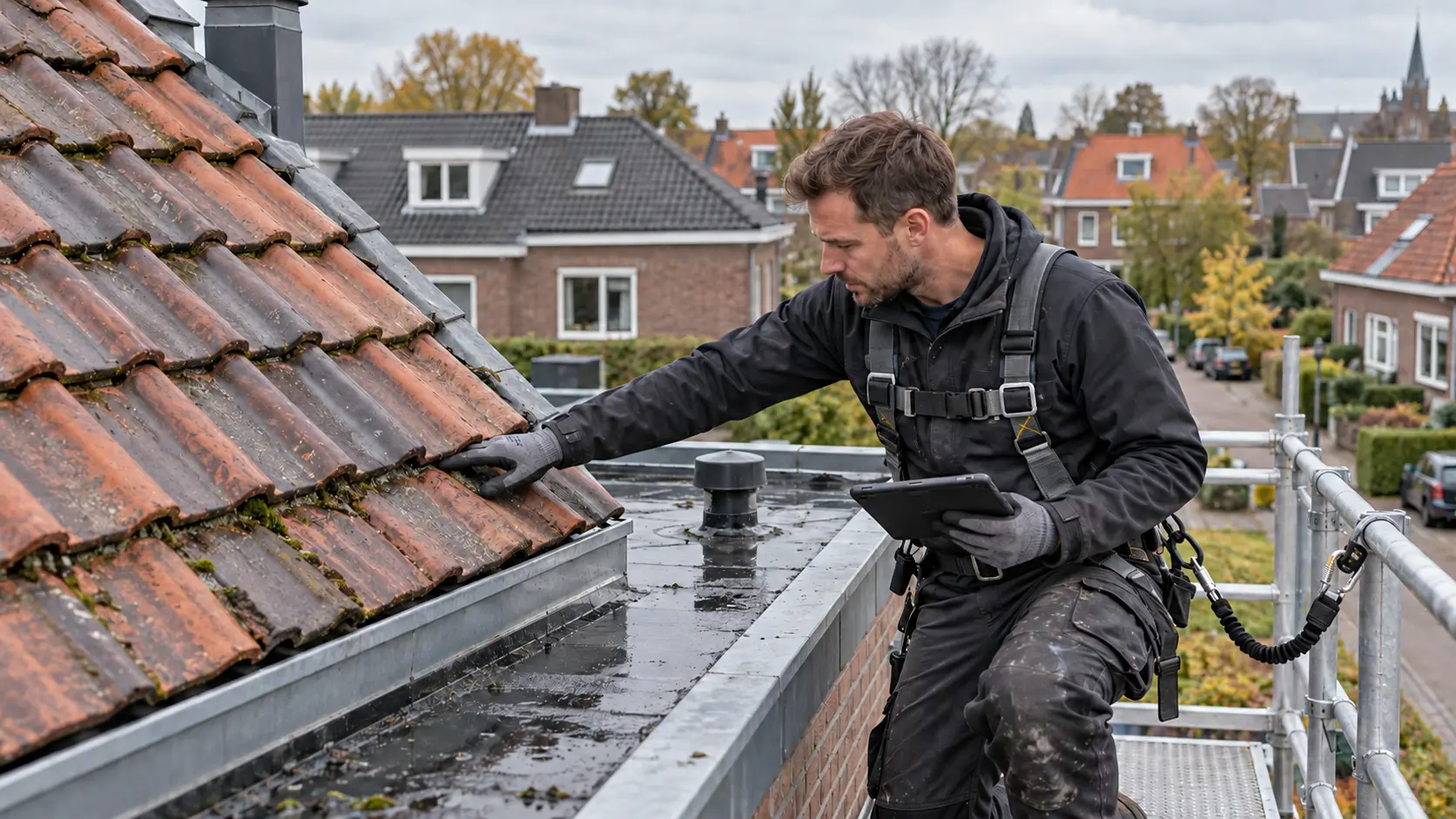 Dakdekker inspecteert dakpannen vanaf een veilig werkplatform bij Nederlandse woningen