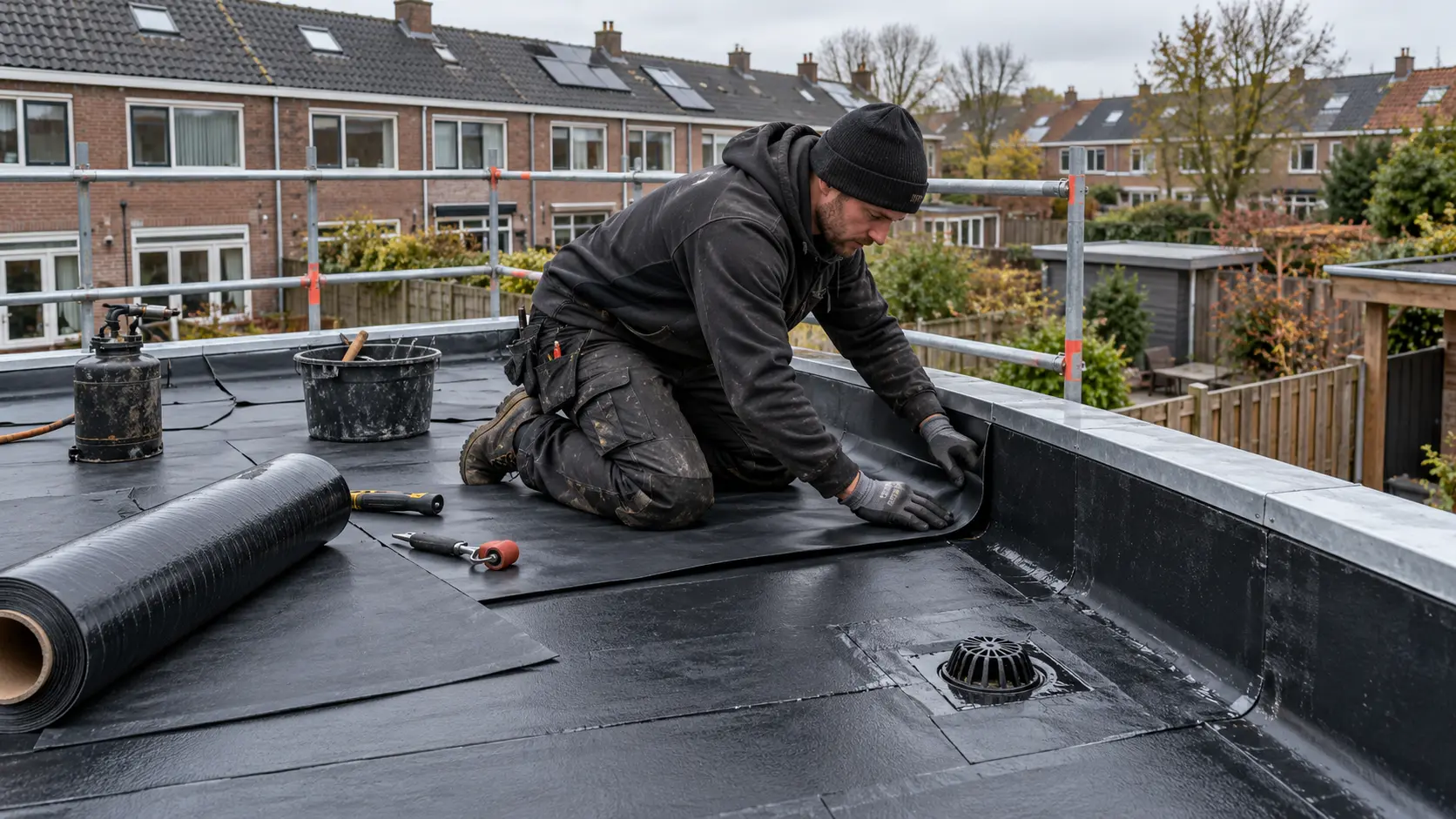 Dakdekker werkt aan de bedekking en dakrand van een plat dak bij een Nederlandse woning