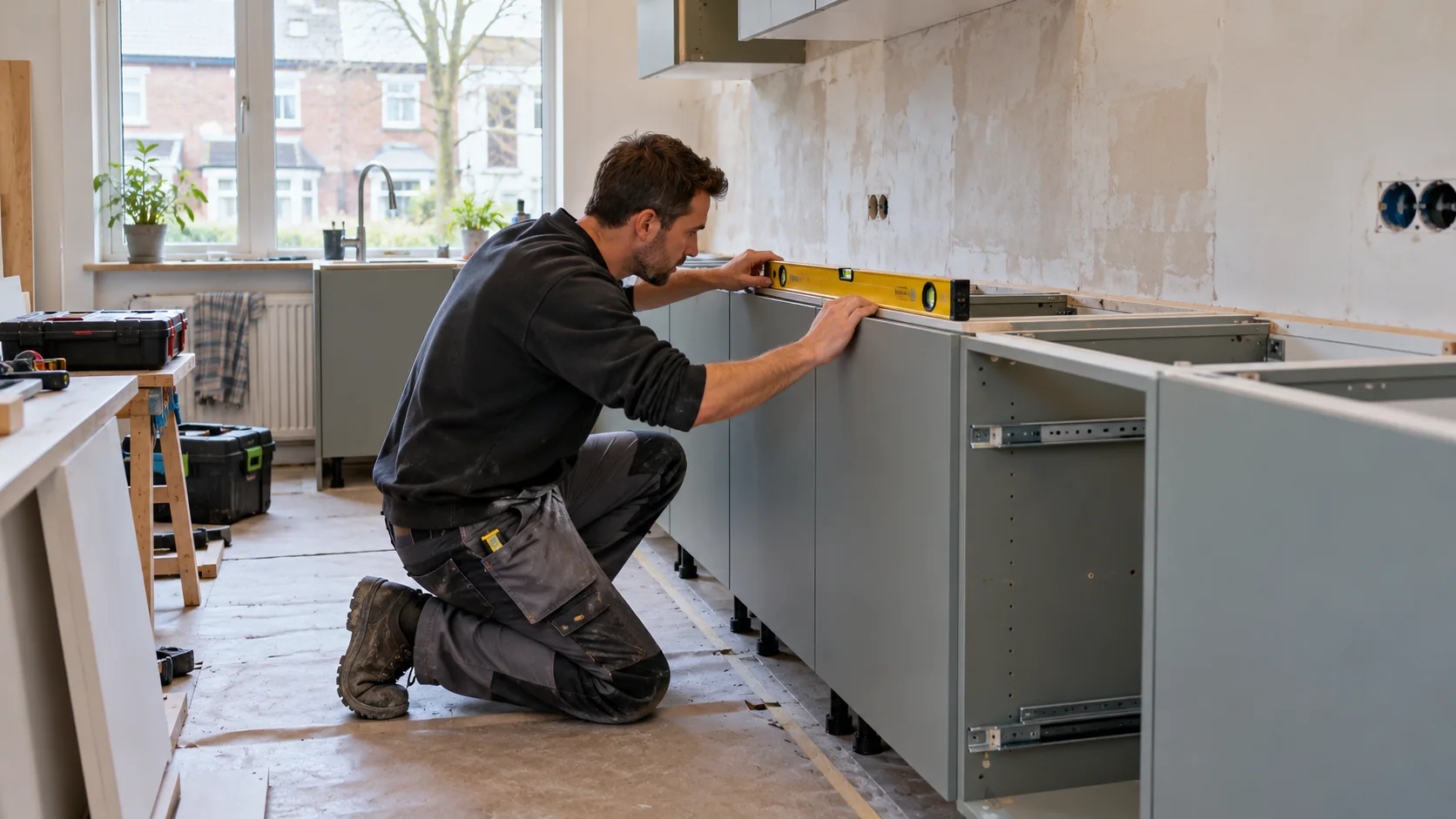 Keukenmonteur stelt nieuwe onderkasten in een Nederlandse keuken waterpas