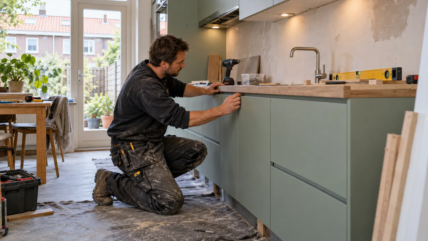 Keukenmonteur lijnt kastfronten uit in een Nederlandse woning