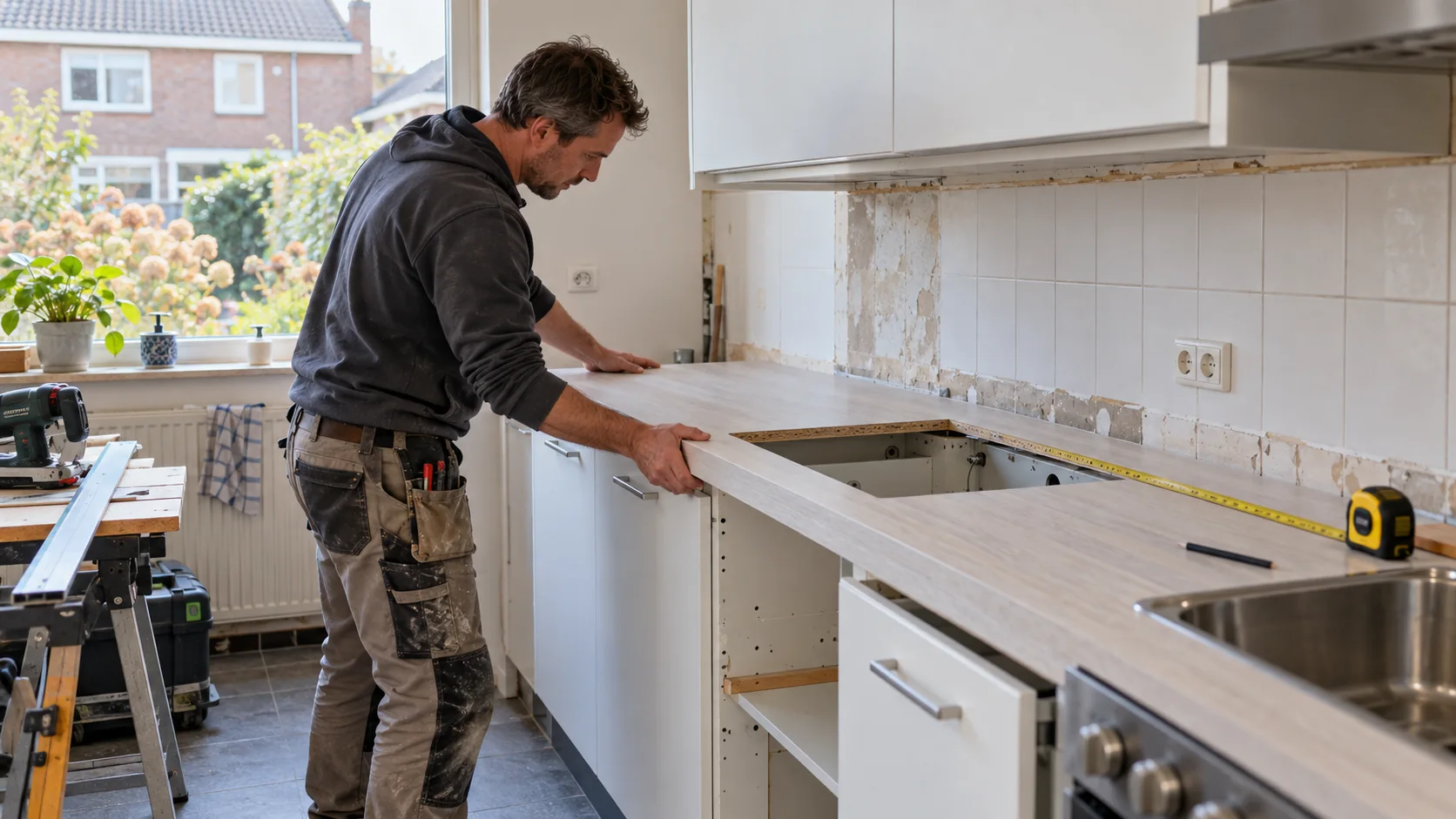 Vakman past een nieuw werkblad op bestaande keukenkasten