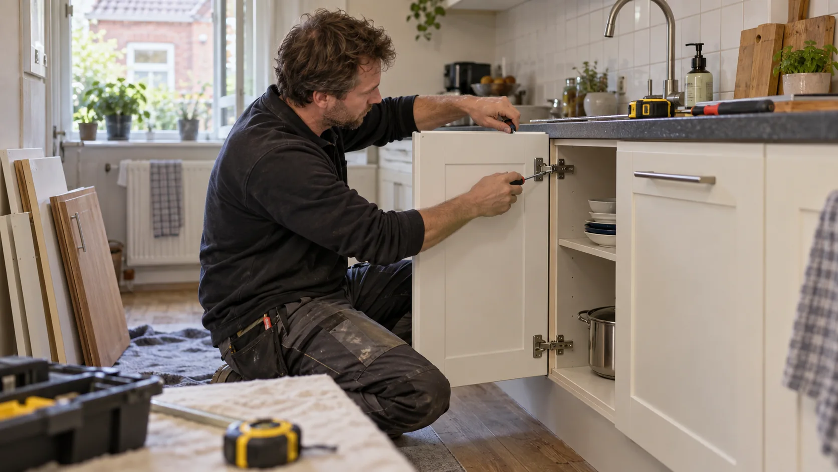 Vakman stelt het scharnier van een nieuw keukenkastdeurtje af