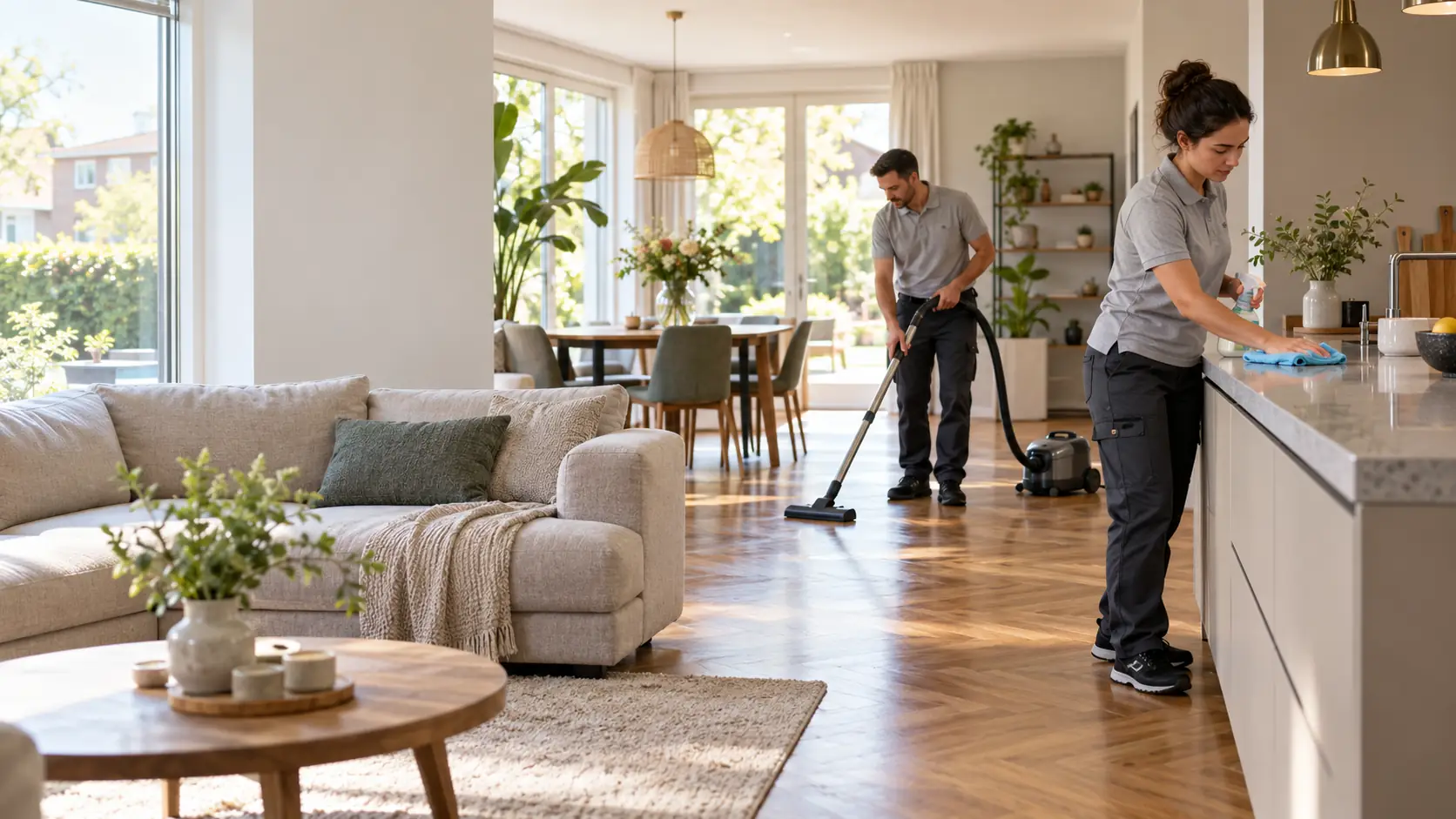 Two cleaners at work in a bright living room
