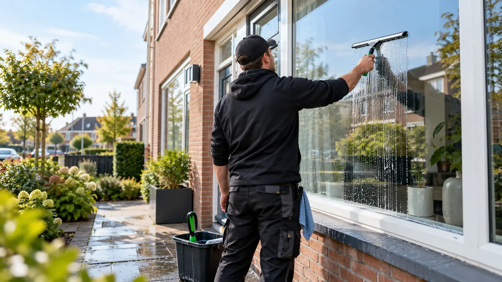 Window cleaner squeegeeing a window on the outside of a home