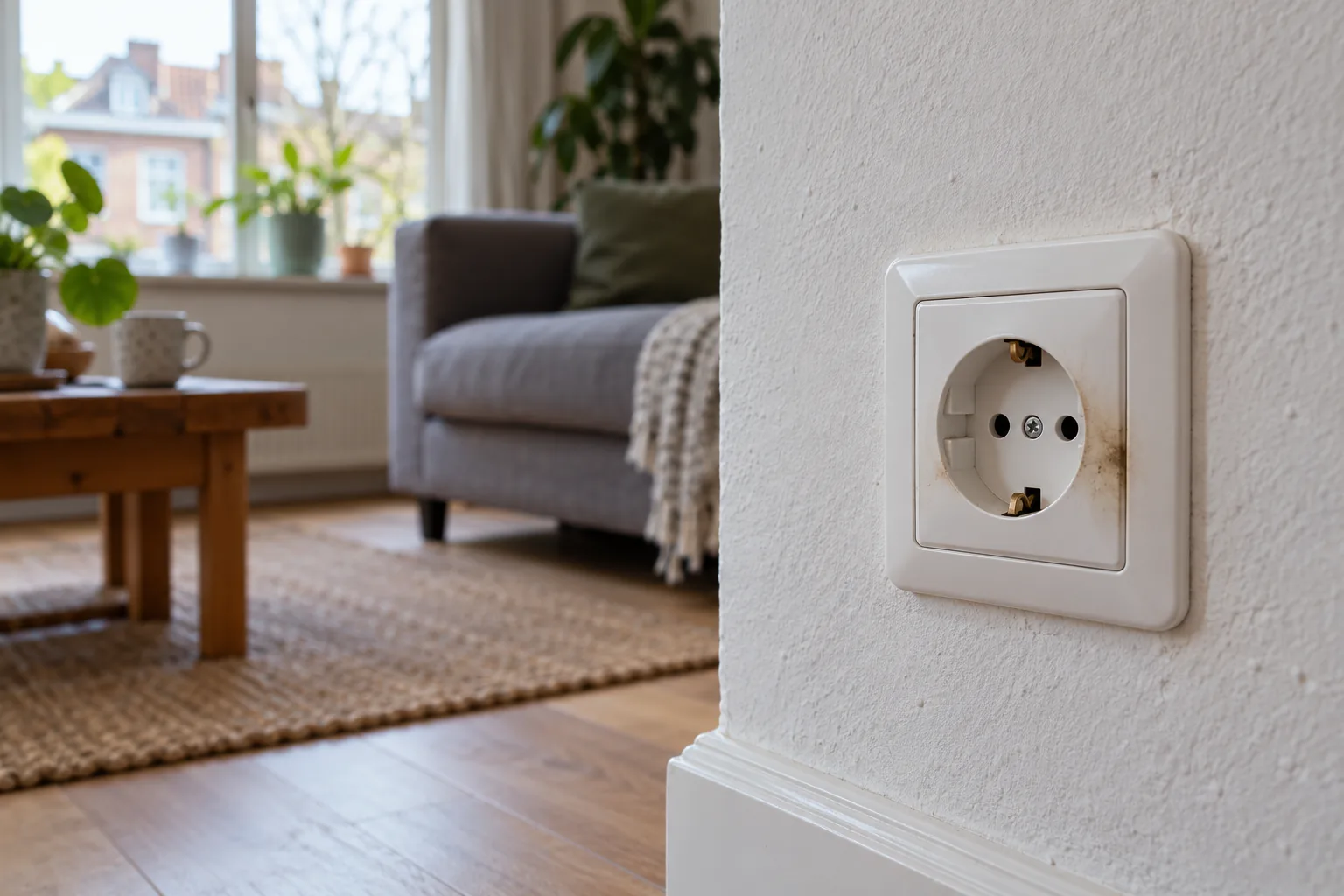 Ongebruikt geaard stopcontact aan een wand in een Nederlandse woonkamer