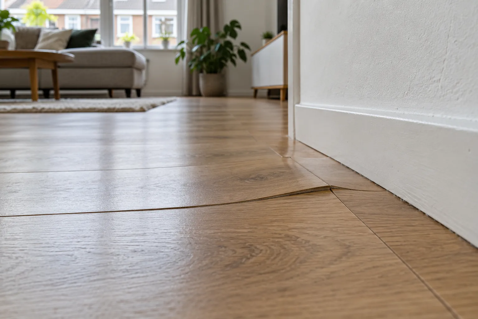 Licht opgebold laminaat bij een witte plint in een Nederlandse woonkamer