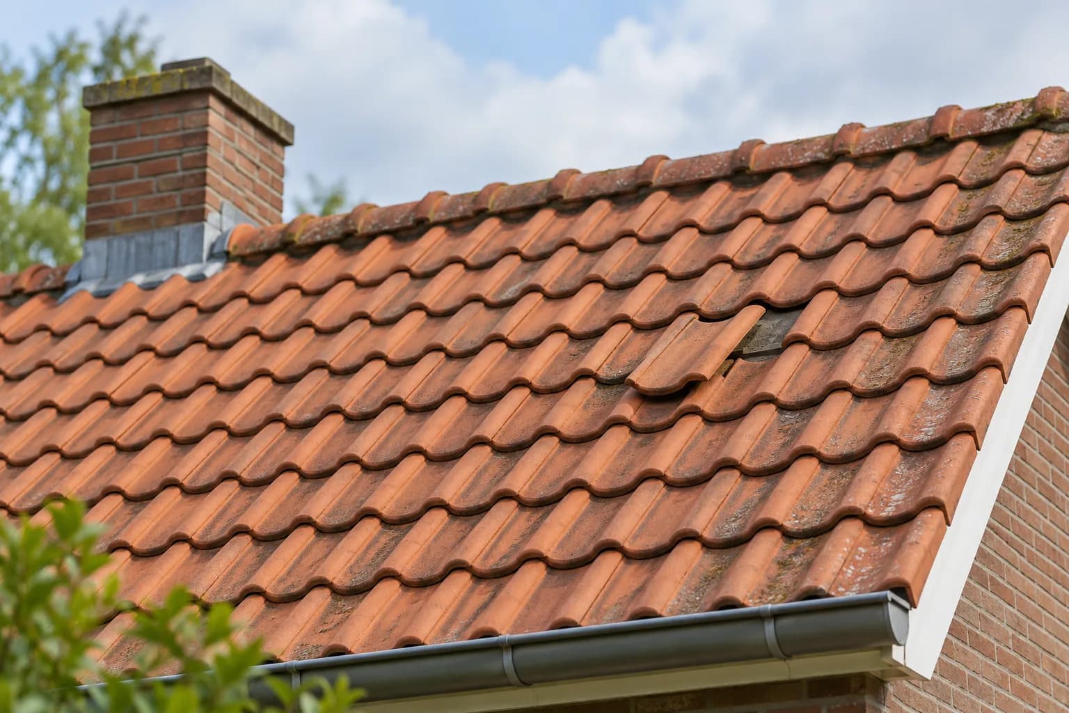Illustratie van een verschoven dakpan tussen terracotta dakpannen