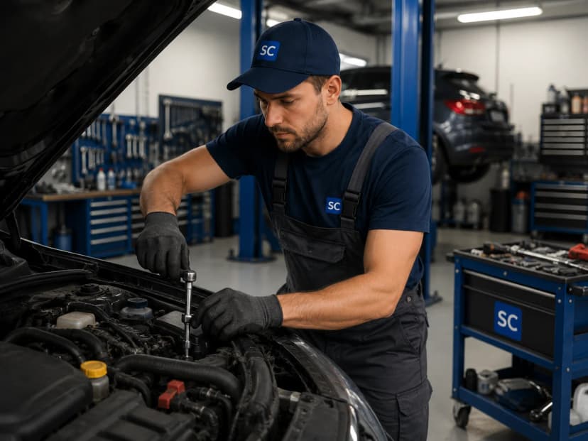 Mechanic repairing a car in a professional garage