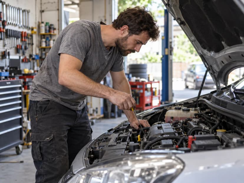 Mechanic repairing a car in a professional garage