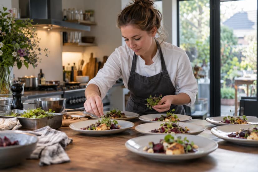 Catering professional preparing plated dishes for an event