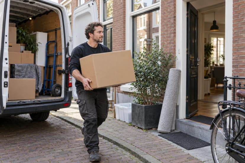 Verhuizer laadt dozen uit een bestelwagen