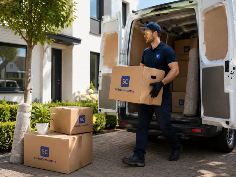 Moving professional unloading boxes from a van