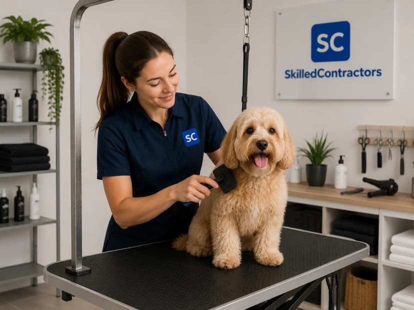 Pet groomer brushing a dog in a grooming salon