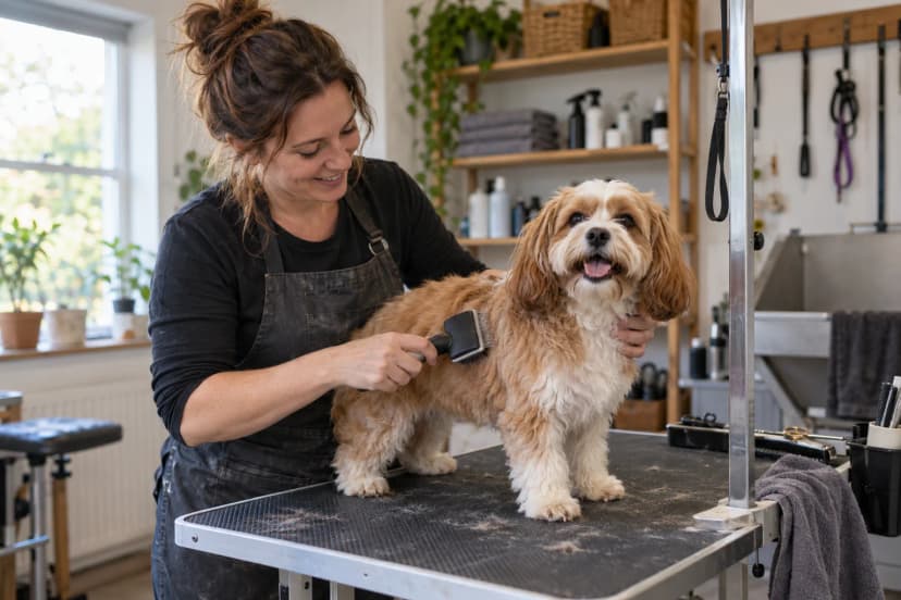 Pet groomer brushing a dog in a grooming salon