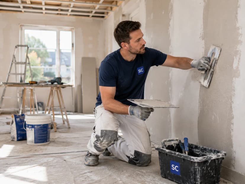 Renovation contractor plastering a wall during home construction