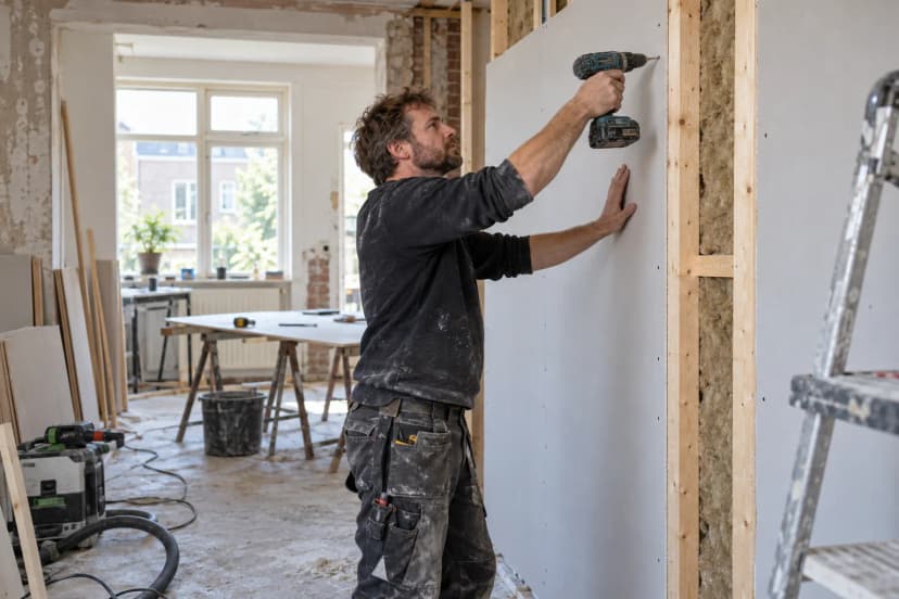 Renovation contractor plastering a wall during home construction