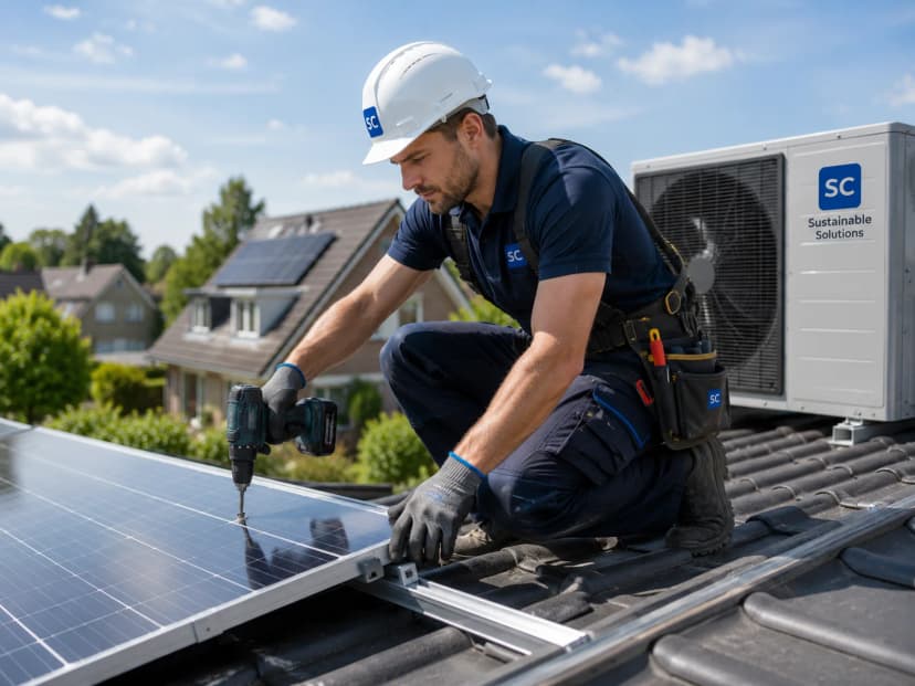 Sustainable energy professional installing solar panels on a home