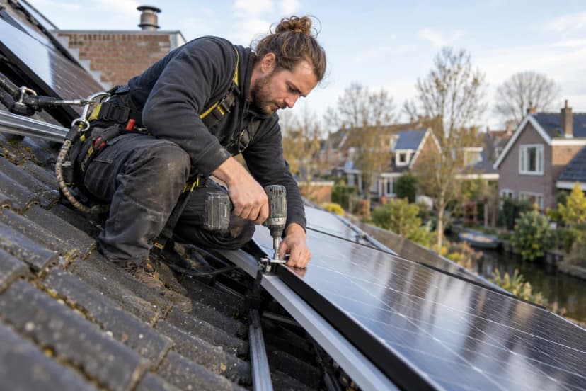 Sustainable energy professional installing solar panels on a home