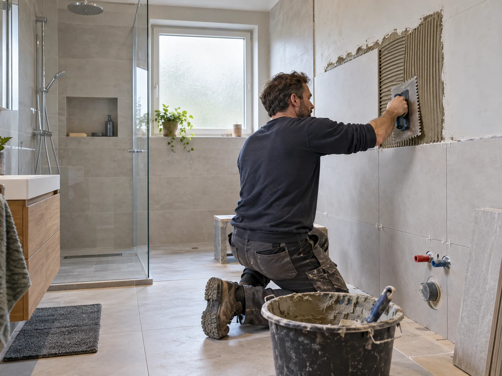 Tradesperson installing wall tiles during a bathroom renovation in a Dutch home