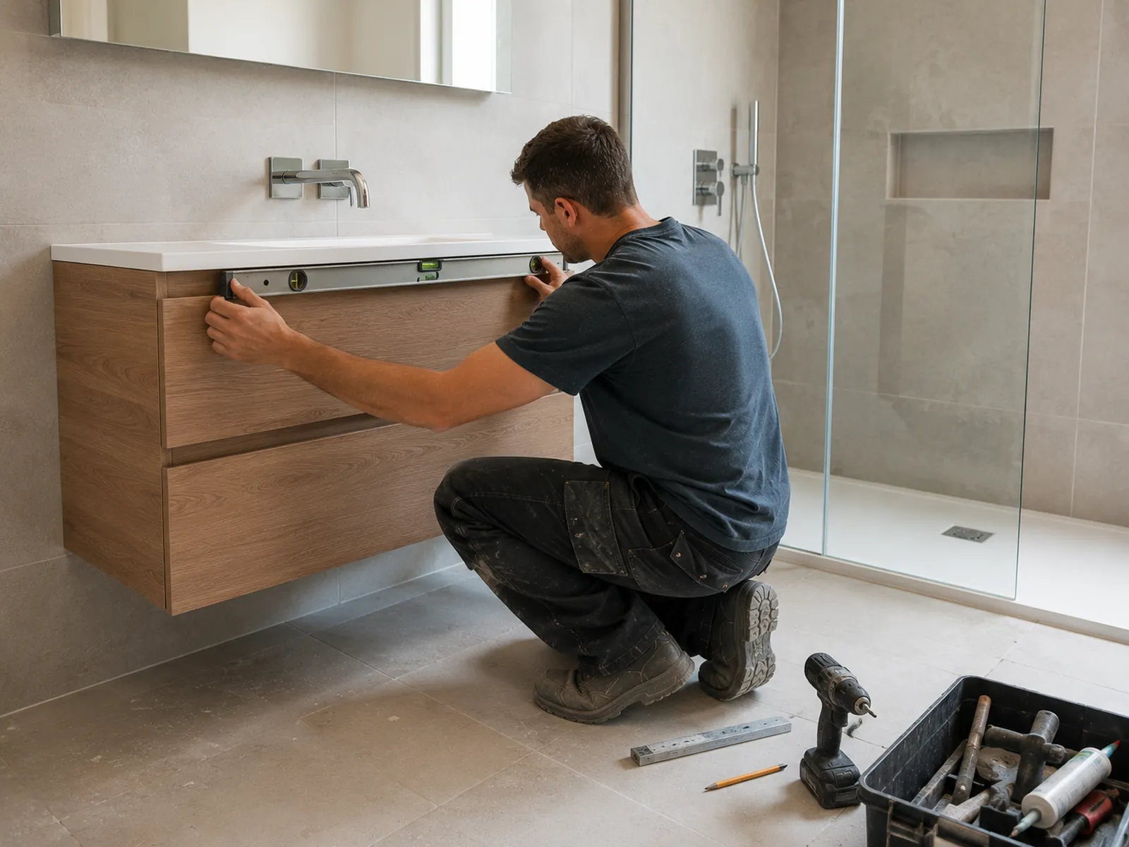 Vakman monteert sanitair tijdens het plaatsen van een nieuwe badkamer