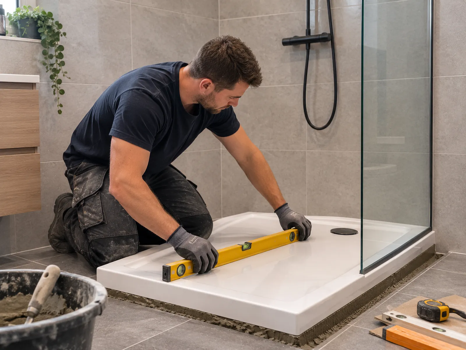 Vakman plaatst en sluit een nieuwe douchebak aan in een badkamer