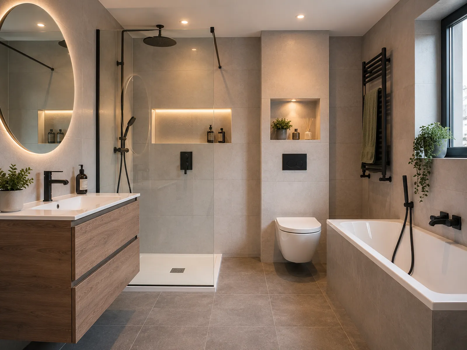 Modern new bathroom with walk-in shower, vanity and wall tiles