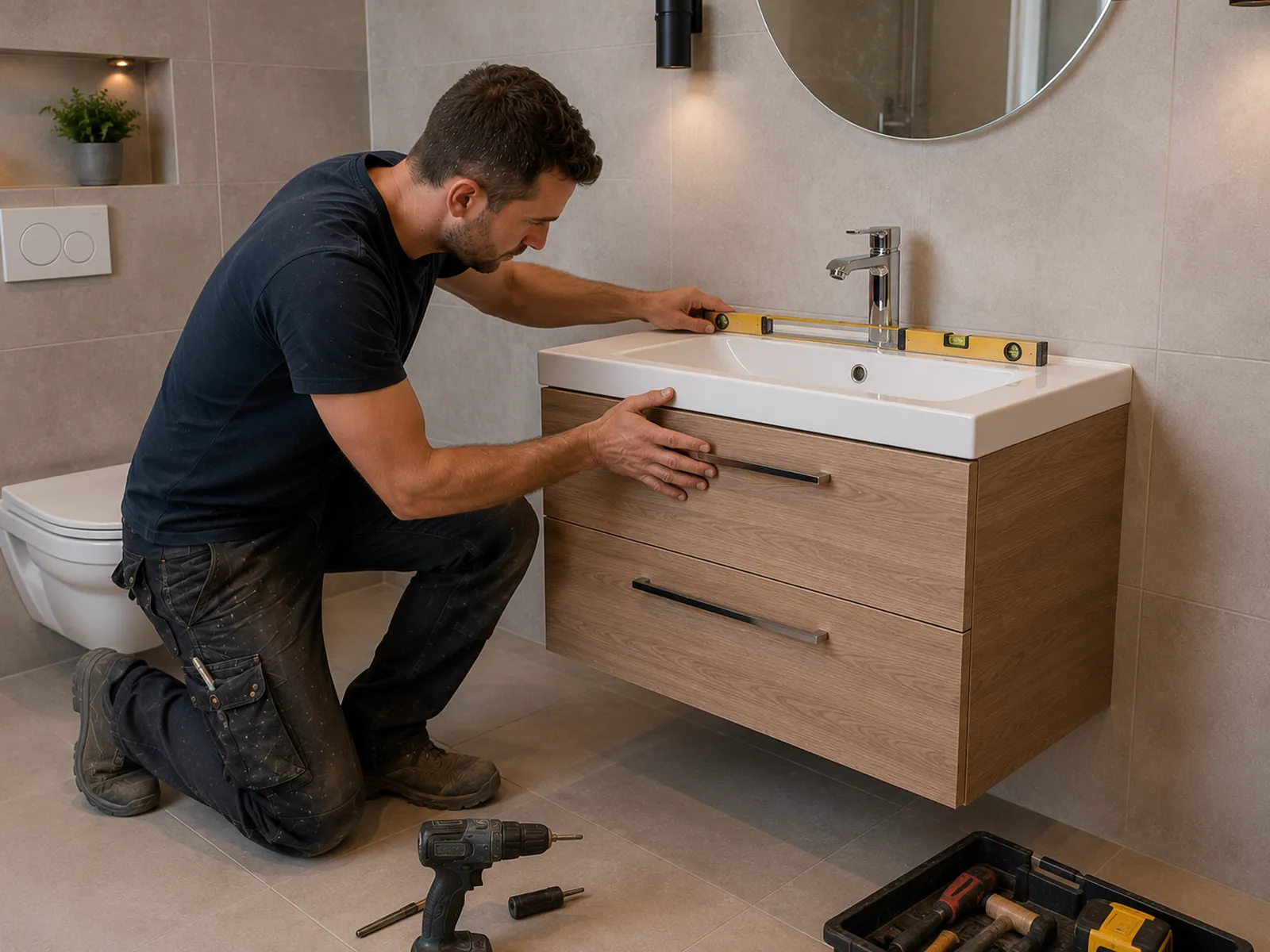 Vakman monteert en sluit een nieuwe wastafel aan in een badkamer