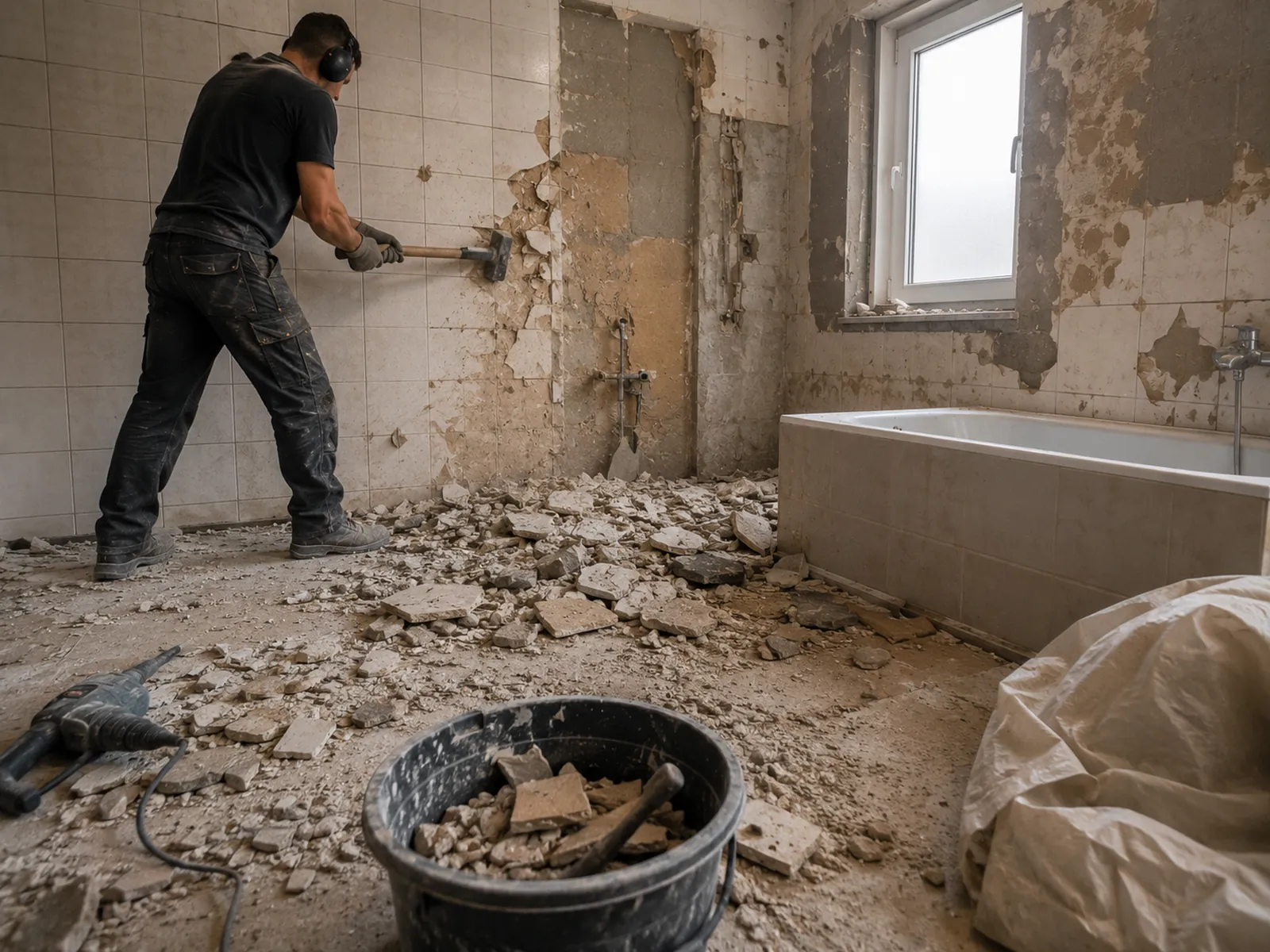Vakman verwijdert oude tegels tijdens het slopen van een badkamer