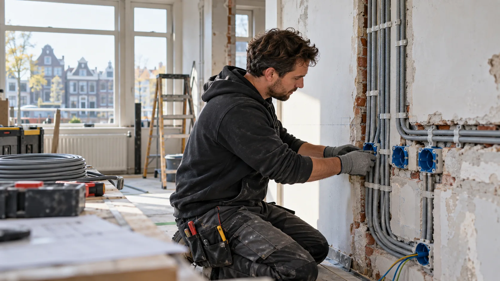 Electrician installing conduits in a Dutch apartment renovation