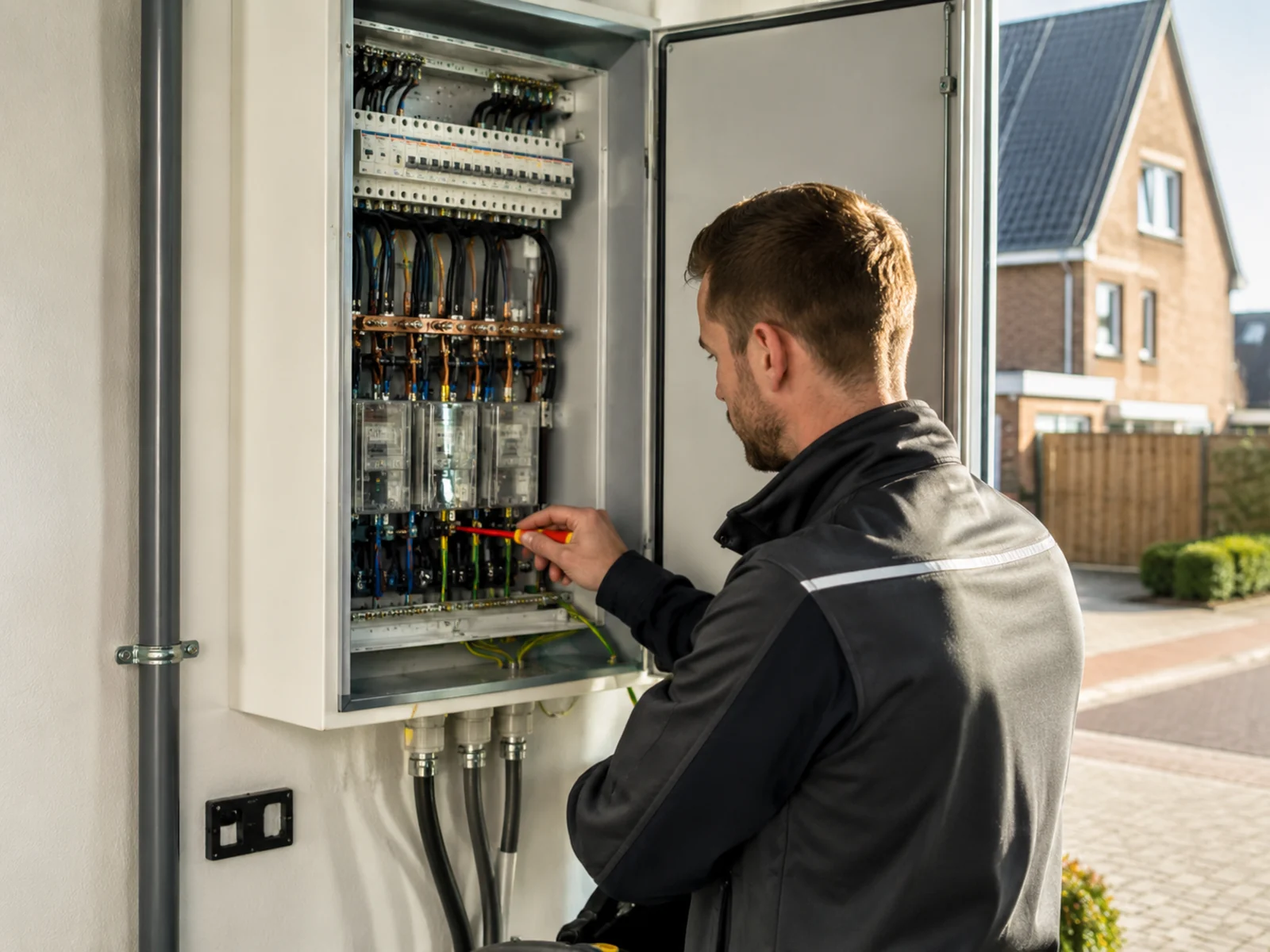 Elektricien werkt aan een moderne groepenkast in een Nederlandse woning