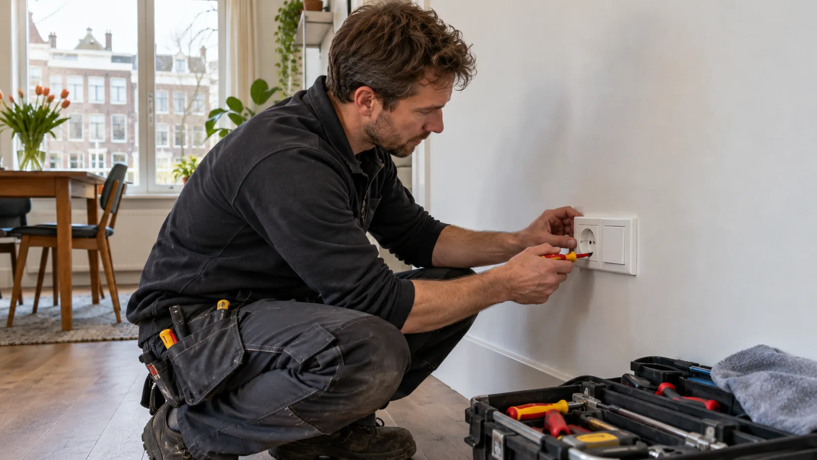 Elektricien controleert een stopcontact in een woning