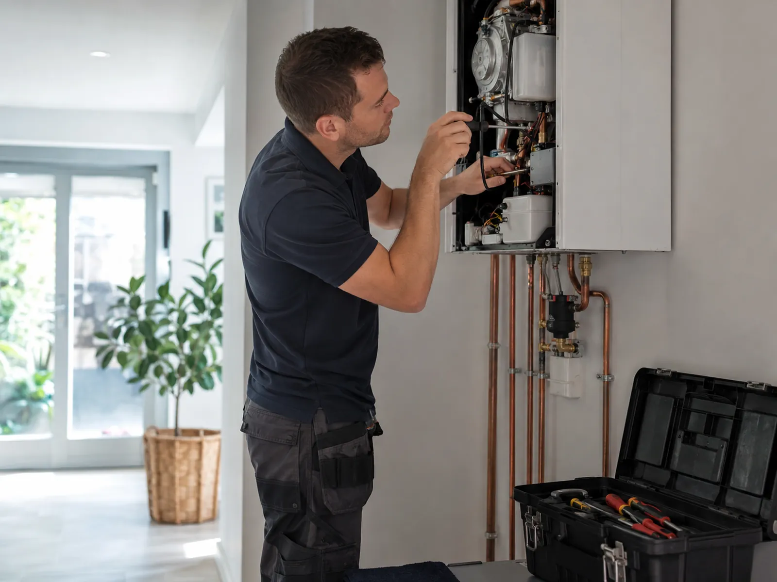 Installateur voert onderhoud uit aan een geopende cv-ketel in een Nederlandse woning