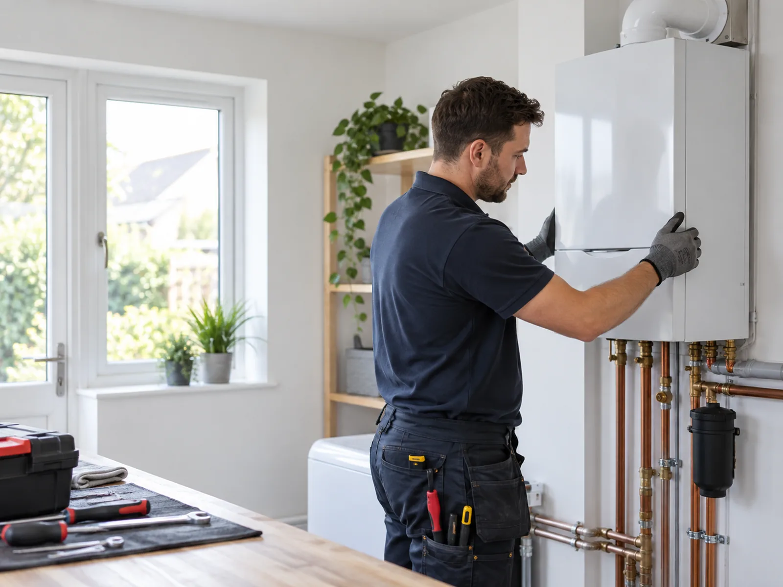Installer replacing a central-heating boiler in a Dutch home