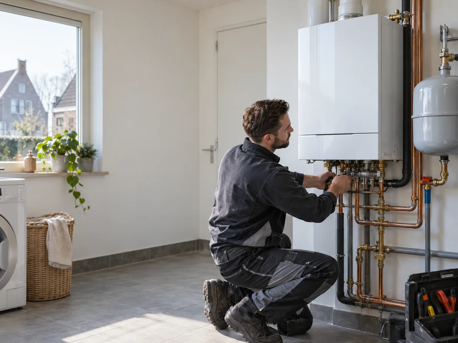 Installateur vervangt een cv-ketel in een Nederlandse woning