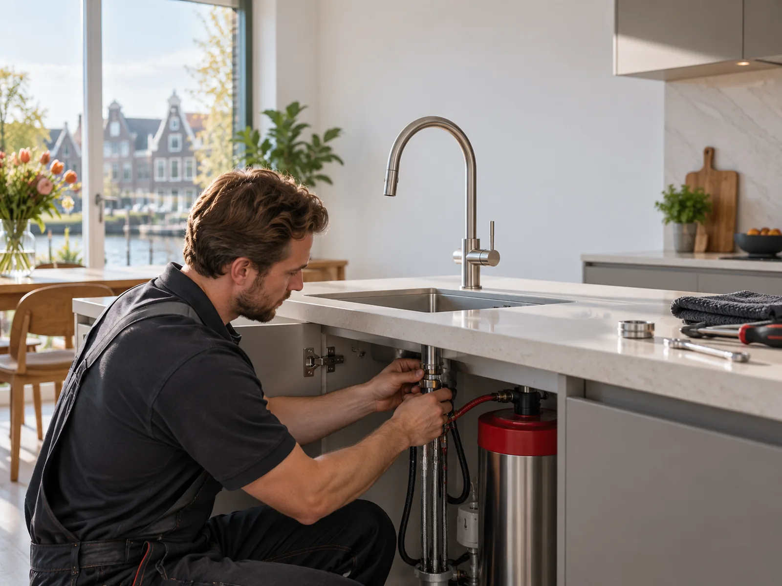 Installateur sluit een Quooker-reservoir aan onder een Nederlands keukenblad