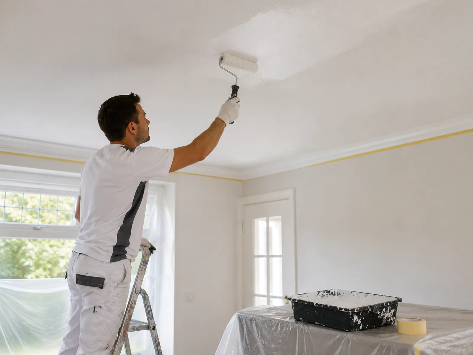Painter applying white paint to an interior ceiling in a Dutch home