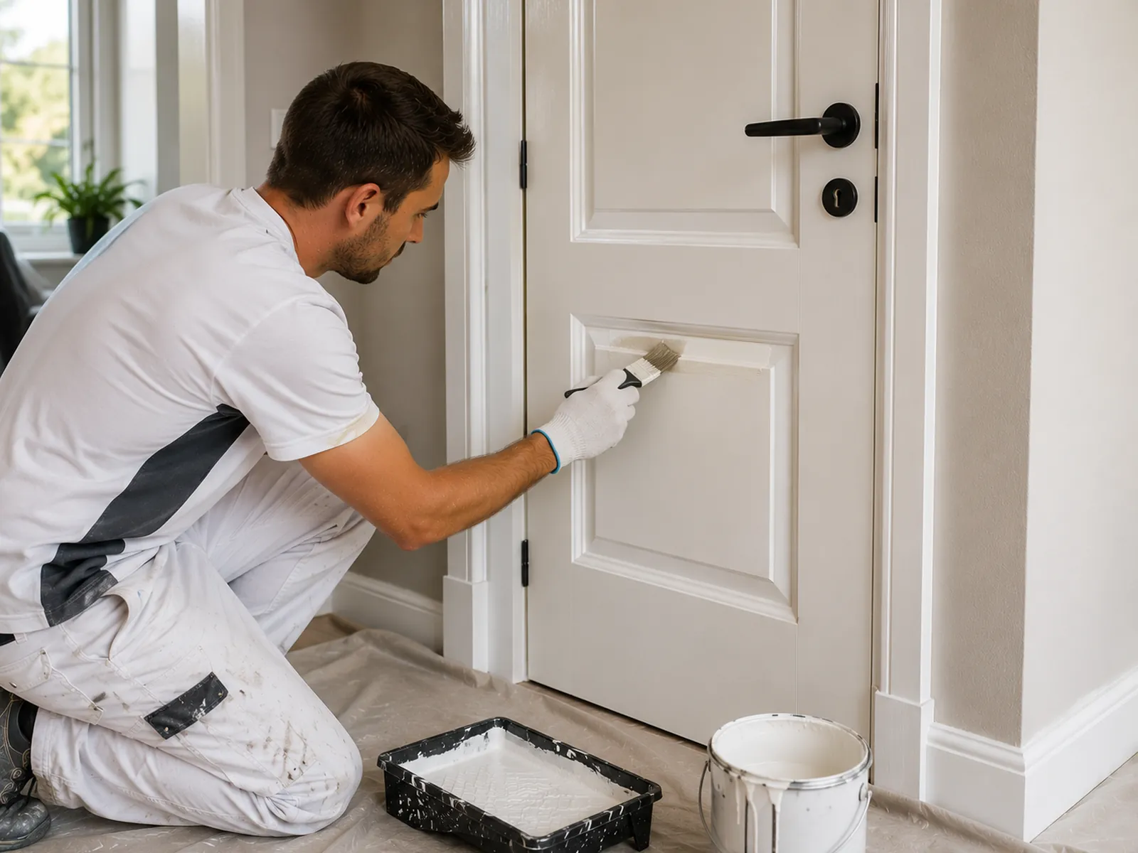 Painter applying white paint to a wooden door in a Dutch home
