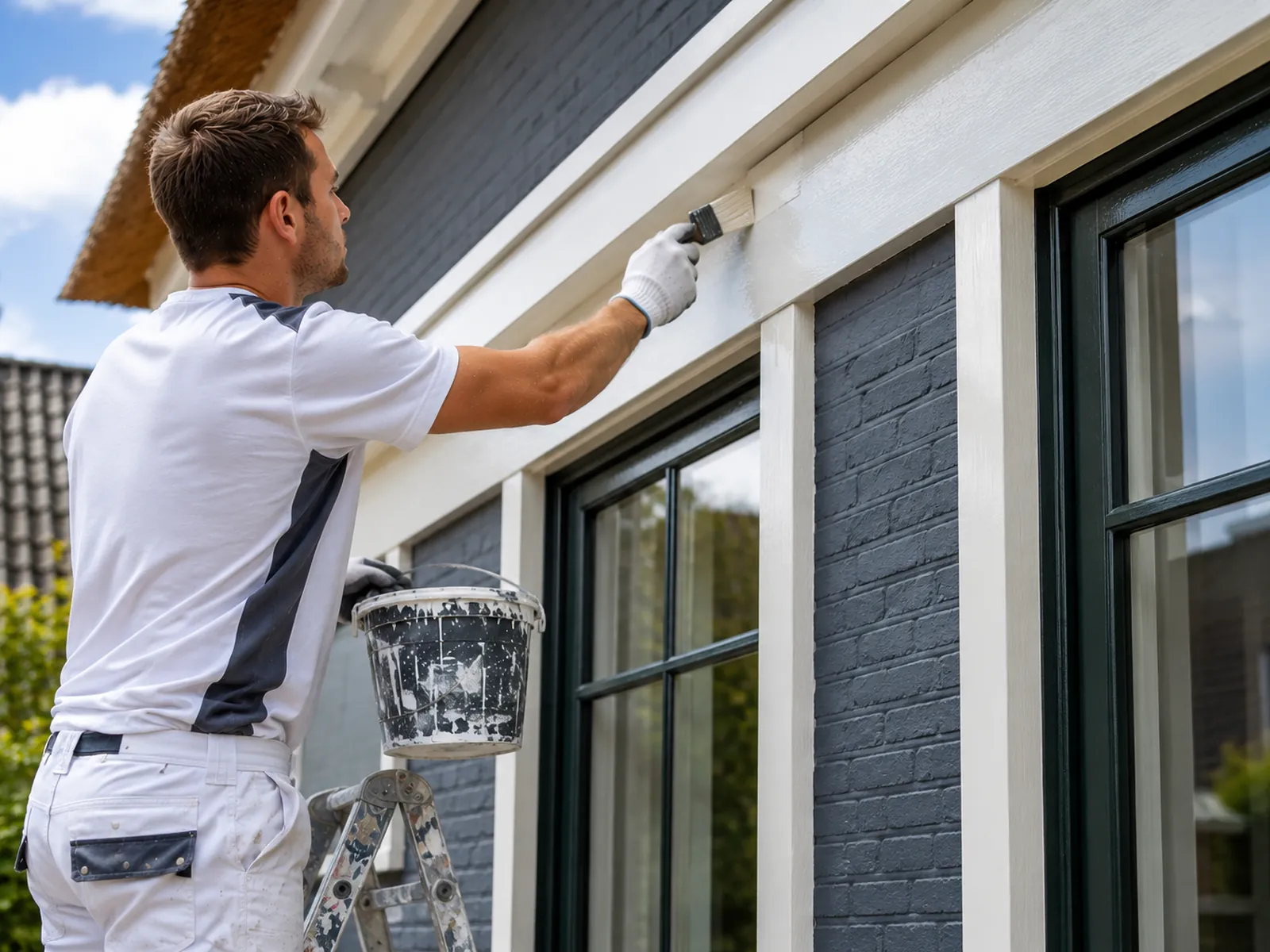 Painter applying exterior paint to a Dutch house facade