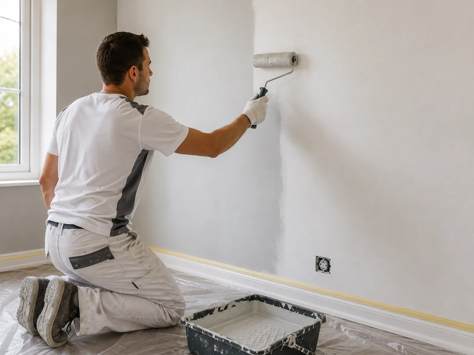 Painter applying interior wall paint with a roller in a Dutch home
