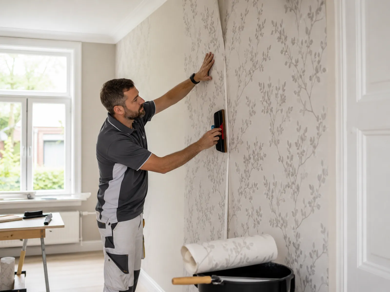 Wallpaper installer hanging patterned wallpaper on a wall in a Dutch home