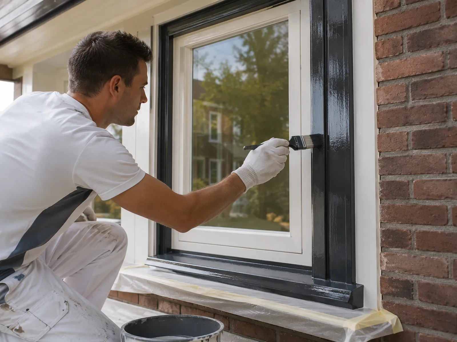 Painter applying white exterior paint to a wooden window frame on a Dutch home