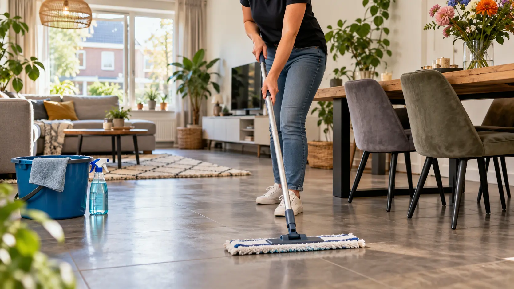 Mopping a floor in a family home