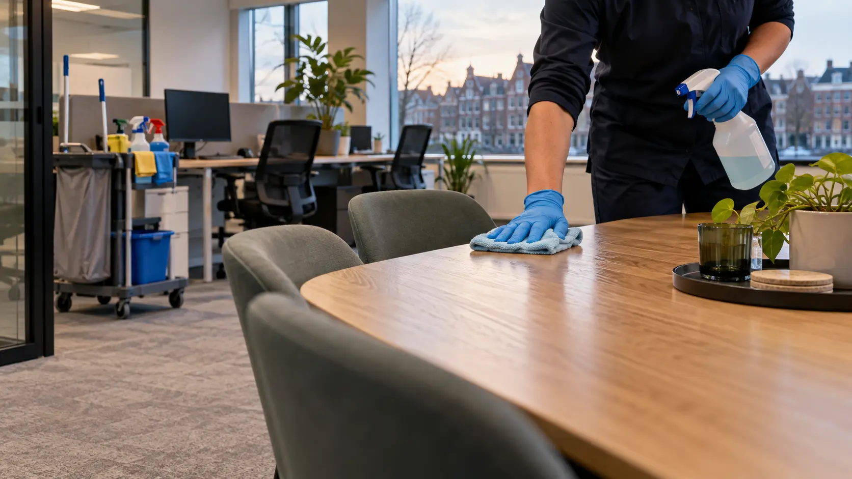 Cleaning a table in an office