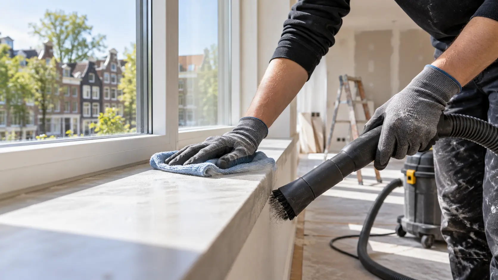 Removing dust from a windowsill after renovation