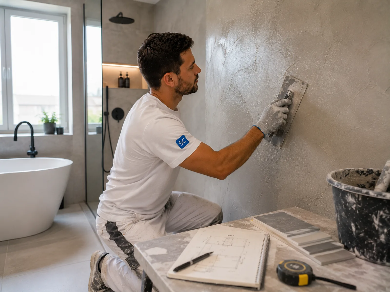 Een professionele stukadoor die de muren van een badkamer stukadoort.