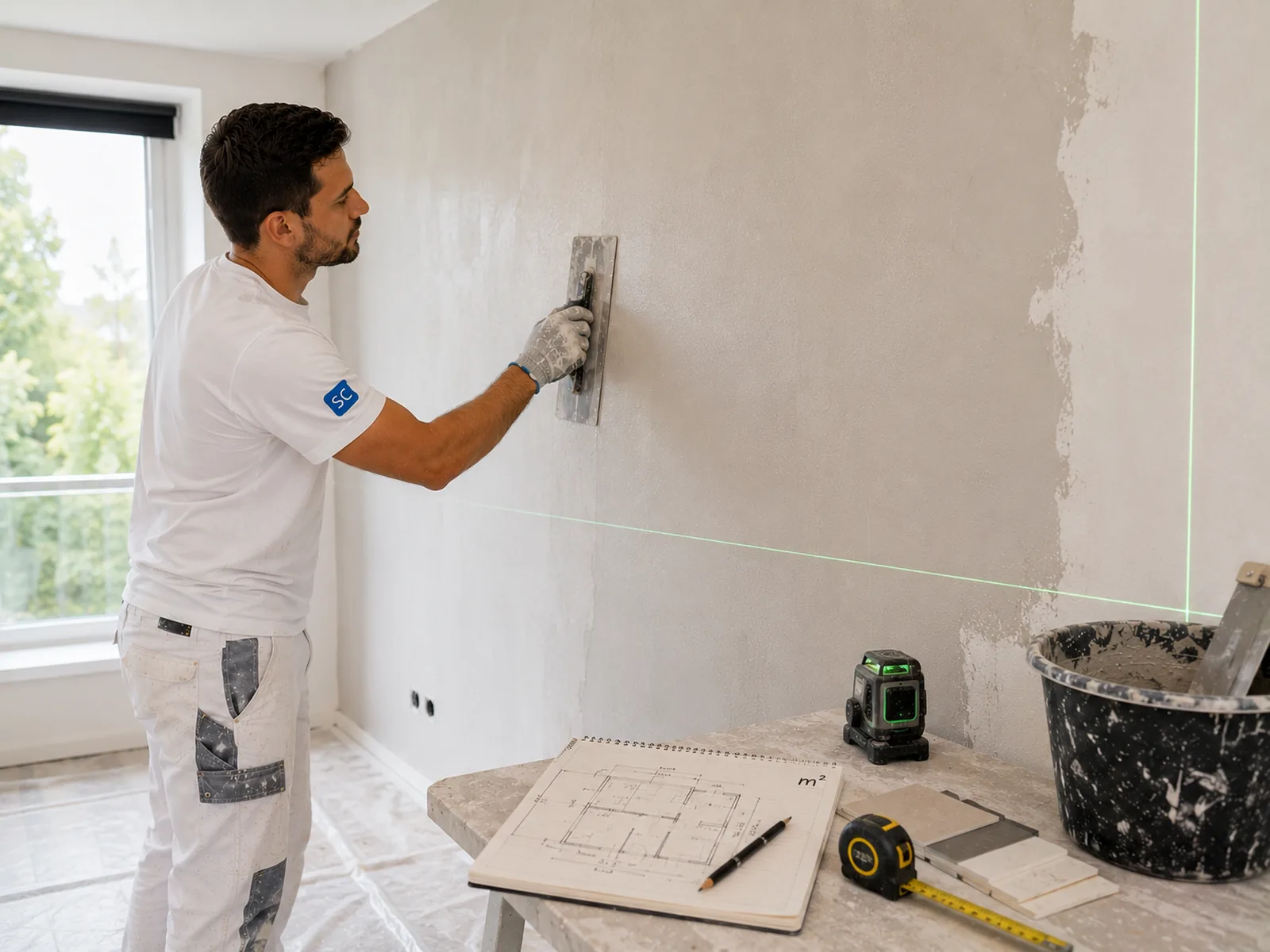Stukadoor maakt muur glad in modern interieur