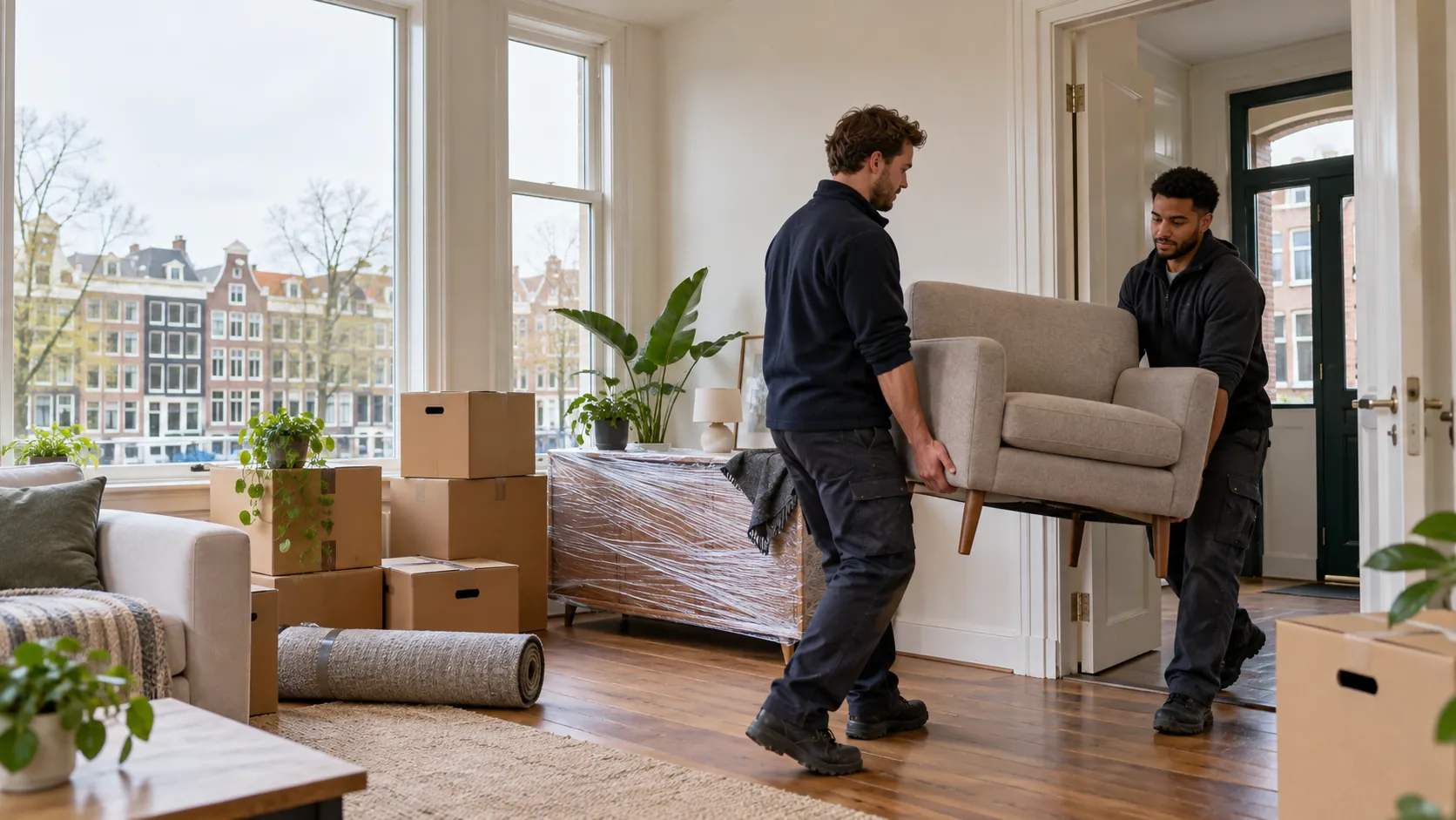 Twee verhuizers dragen samen een fauteuil in een Nederlands appartement