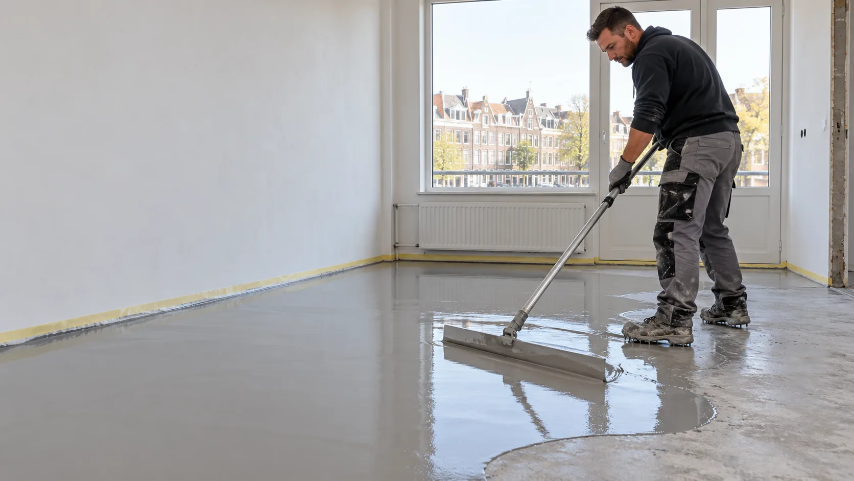 Vakman strijkt egalisatiemiddel uit over een ondervloer