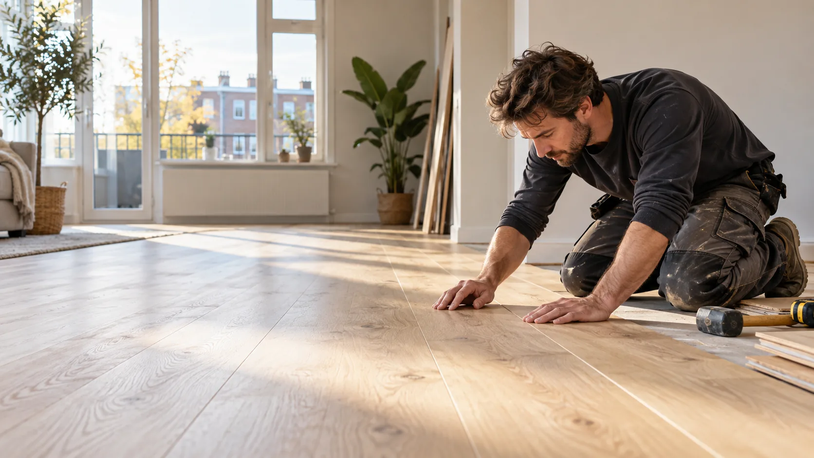Vakman controleert een nieuw gelegde vloer in een Nederlandse woning